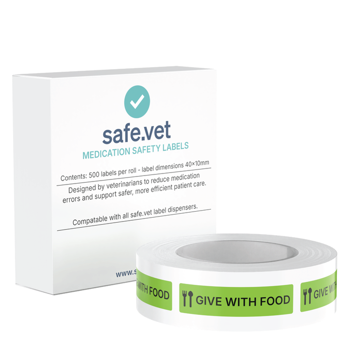 "Give With Food" Veterinary Dispensing Labels – Pharmacy Instruction Stickers Roll of 500 | Vet Prescription Reminder Labels for Client Medications & Safety