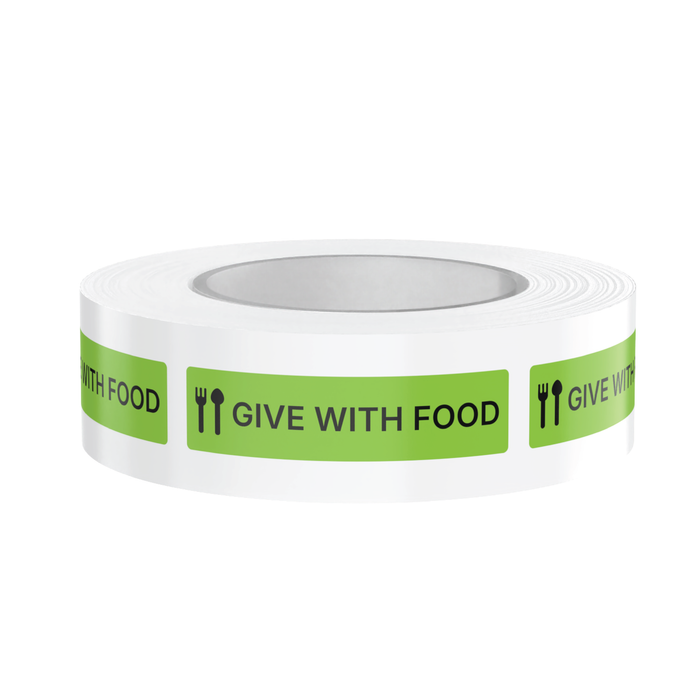 "Give With Food" Veterinary Dispensing Labels – Pharmacy Instruction Stickers Roll of 500 | Vet Prescription Reminder Labels for Client Medications & Safety