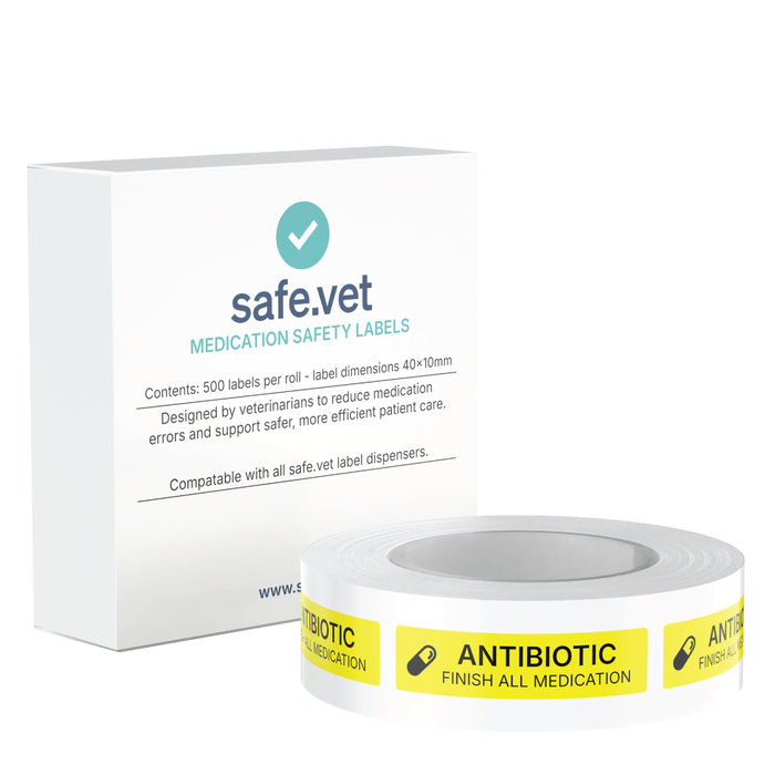 "Antibiotic" Veterinary Dispensing Labels – Pharmacy Instruction Stickers Roll of 500 | Vet Prescription Reminder Labels for Client Medications & Safety