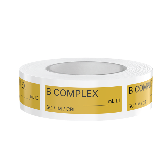 B Complex Veterinary Syringe Labels – Color-Coded Roll of 500 | Medication Safety Labels for Vet Clinic, Hospital, ICU, Surgery & Anesthesia