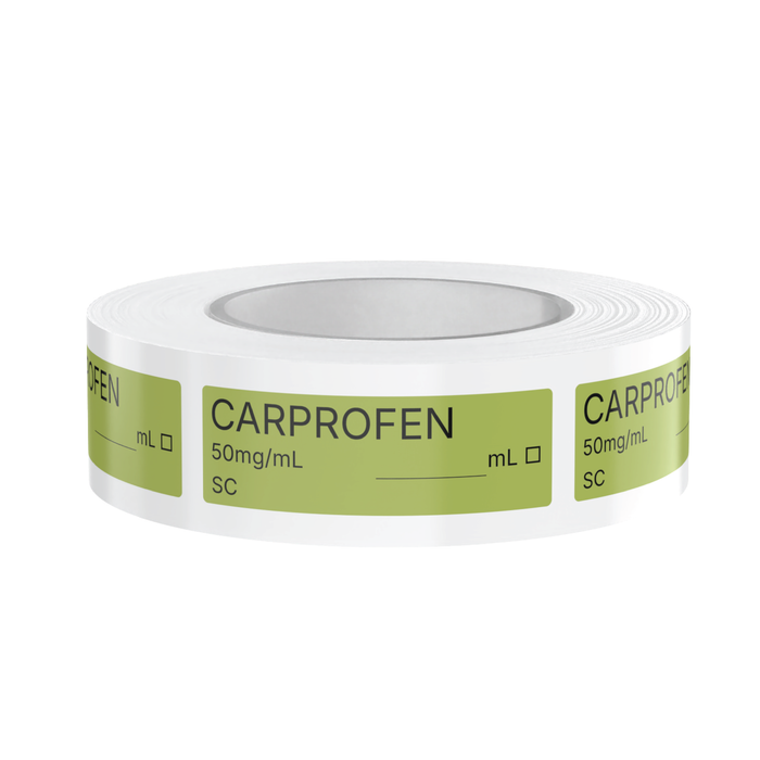 Carprofen (Rimadyl) Veterinary Syringe Labels – Color-Coded Roll of 500 | Medication Safety Labels for Vet Clinic, Hospital, ICU, Surgery & Anesthesia