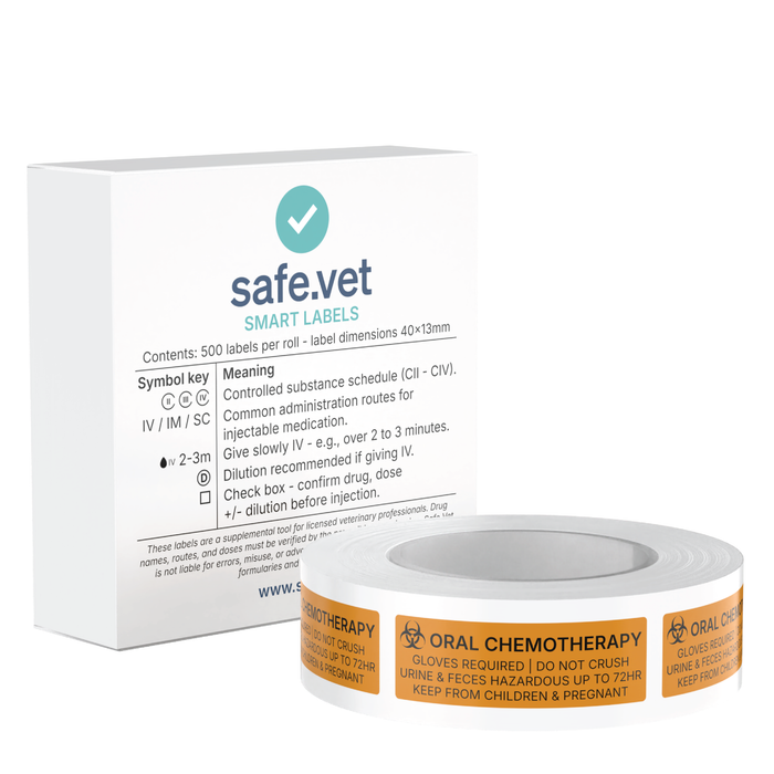 "Oral Chemotherapy" Veterinary Dispensing Labels – Pharmacy Warning & Instructional Stickers Roll of 500 | Vet Prescription Reminder Labels for Client Medications & Safety