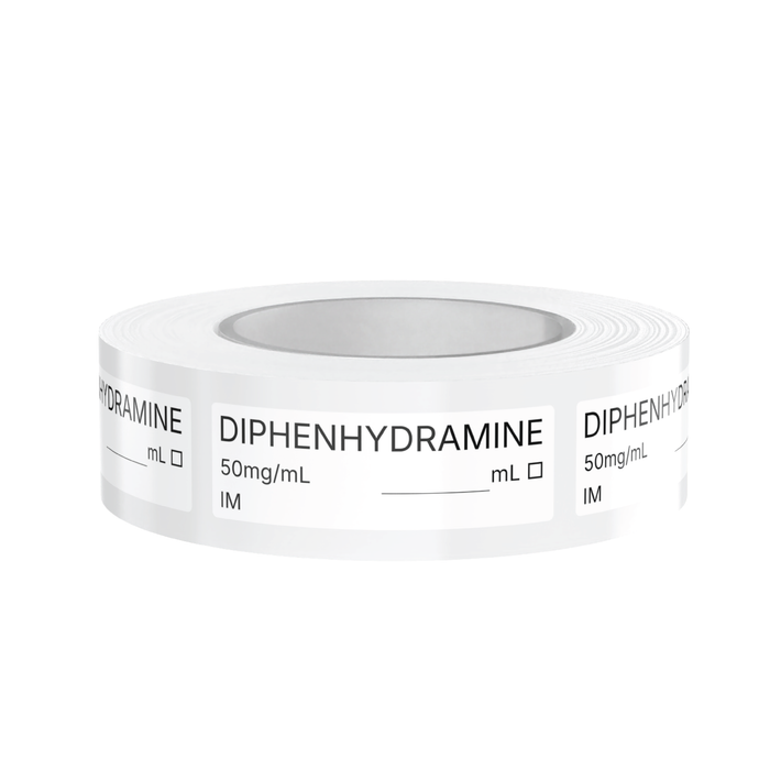 Diphenhydramine Veterinary Syringe Labels – Color-Coded Roll of 500 | Medication Safety Labels for Vet Clinic, Hospital, ICU, Surgery & Anesthesia