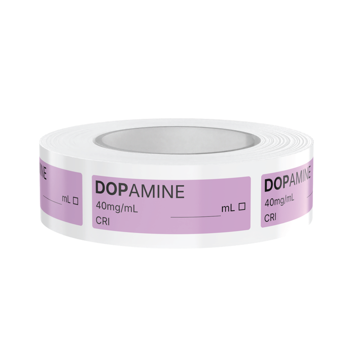 Dopamine Veterinary Syringe Labels – Color-Coded Roll of 500 | Medication Safety Labels for Vet Clinic, Hospital, ICU, Surgery & Anesthesia