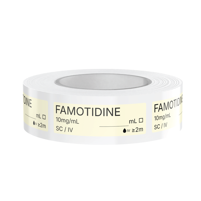 Famotidine Veterinary Syringe Labels – Color-Coded Roll of 500 | Medication Safety Labels for Vet Clinic, Hospital, ICU, Surgery & Anesthesia