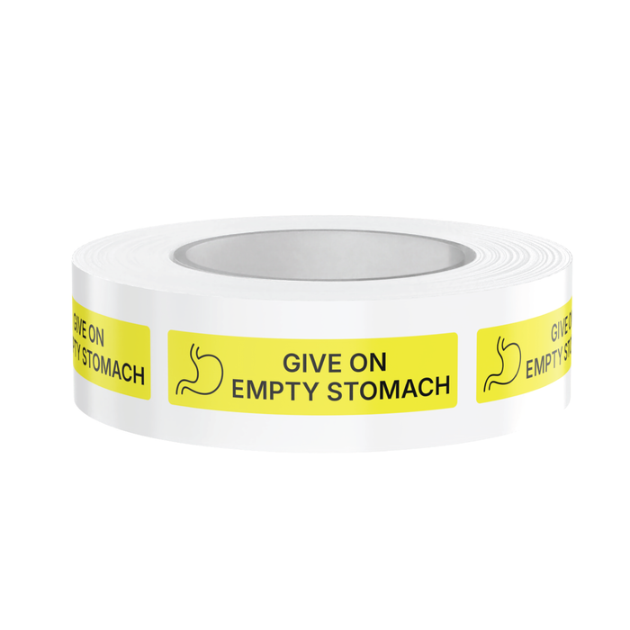 "Give On Empty Stomach" Veterinary Dispensing Labels – Pharmacy Instruction Stickers Roll of 500 | Vet Prescription Reminder Labels for Client Medications & Safety