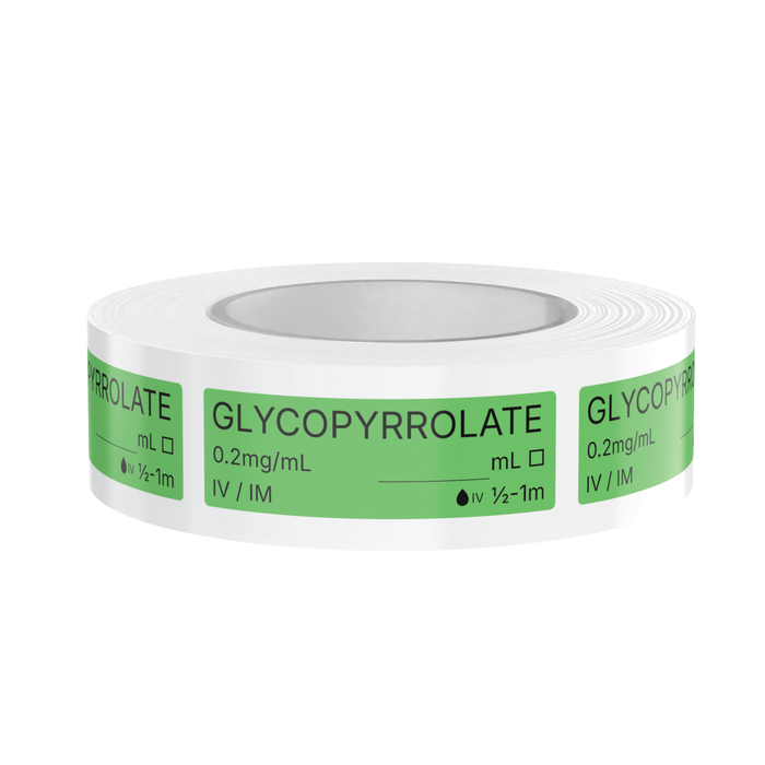 Glycopyrrolate Veterinary Syringe Labels – Color-Coded Roll of 500 | Medication Safety Labels for Vet Clinic, Hospital, ICU, Surgery & Anesthesia