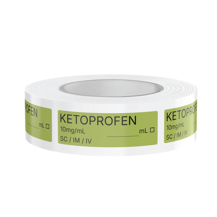 Ketoprofen Veterinary Syringe Labels – Color-Coded Roll of 500 | Medication Safety Labels for Vet Clinic, Hospital, ICU, Surgery & Anesthesia