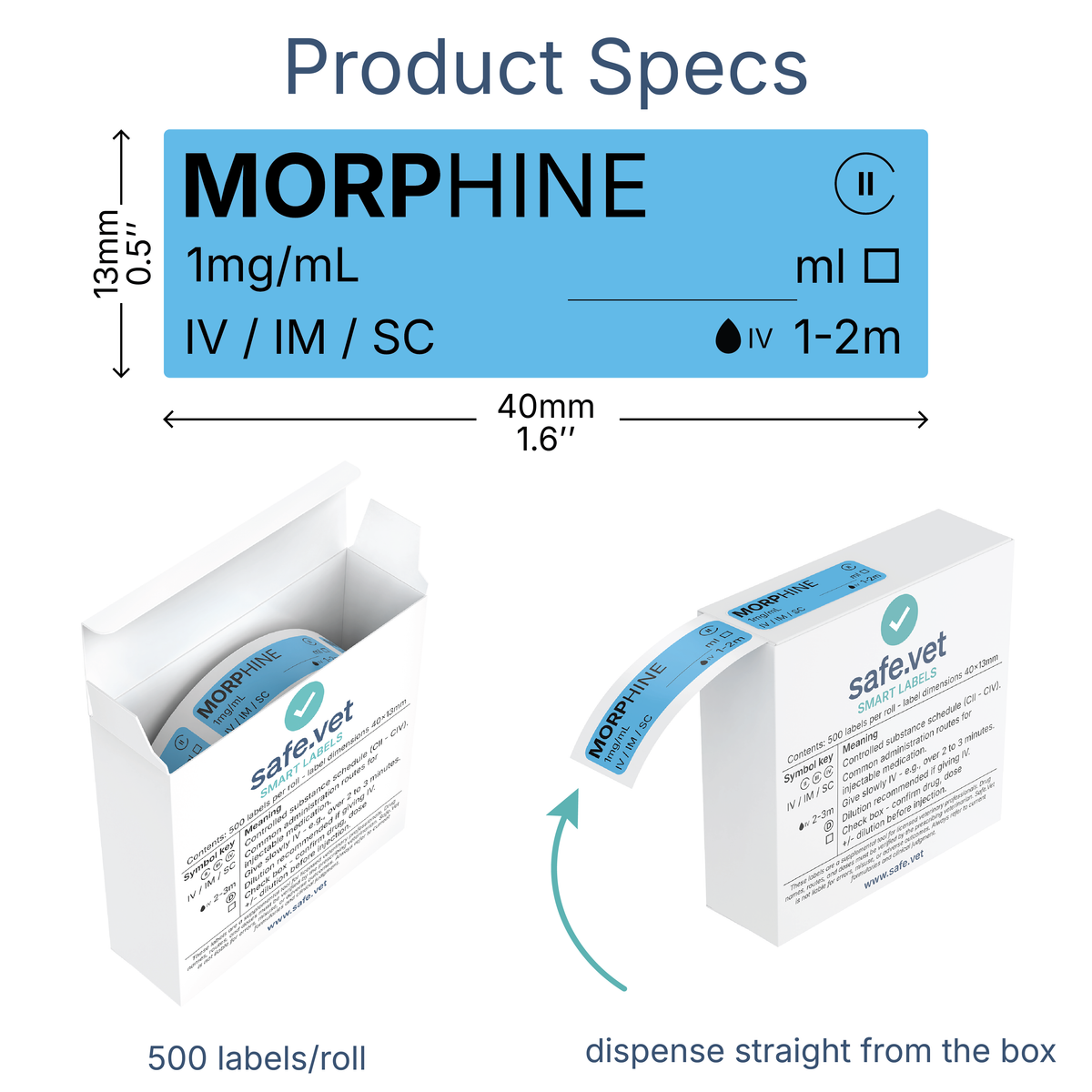 Morphine Veterinary Syringe Labels - 1mg/ml – Color-Coded Roll of 500 | Medication Safety Labels for Vet Clinic, Hospital, ICU, Surgery & Anesthesia (Copy)