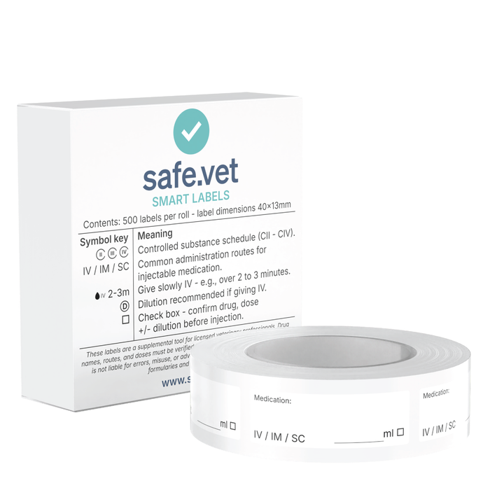 Universal Veterinary Syringe Labels - Write-On Medication Safety Labels with Route, Volume & Checkbox Fields | Roll of 500 for Vet Clinics, ICU, Surgery & Anesthesia